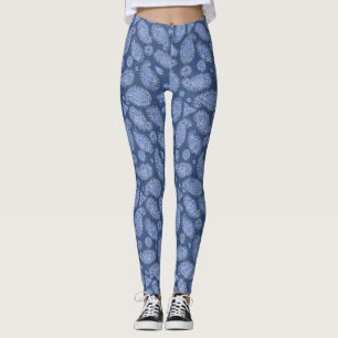 Faded Blue Denim Boho Paisley Pattern Leggings
