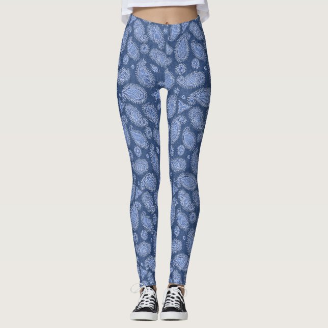 Faded Blue Denim Boho Paisley Pattern  Leggings (Front)