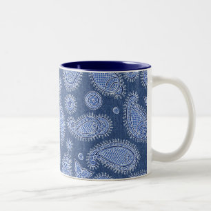 Faded Blue Denim Paisley Pattern Boho Two-Tone Coffee Mug