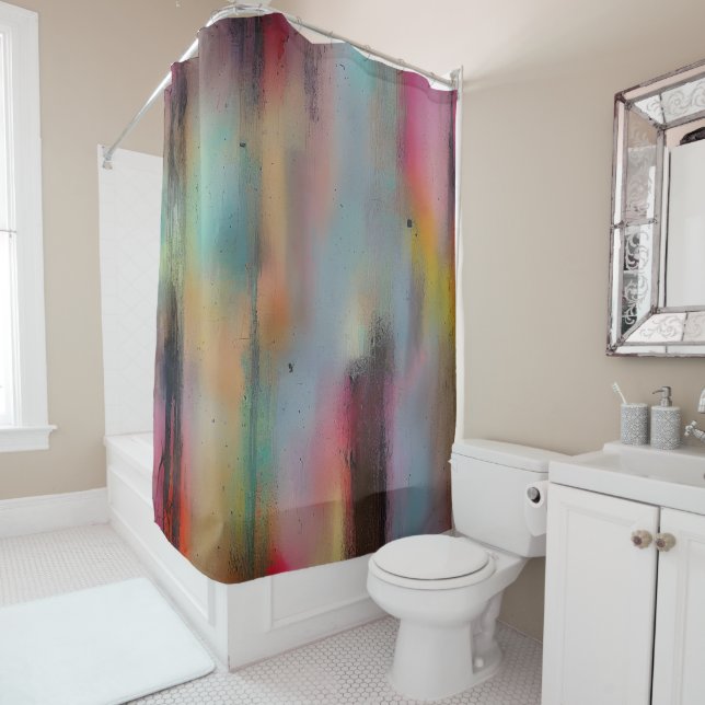 Faded colours and ink shower curtain (In Situ)