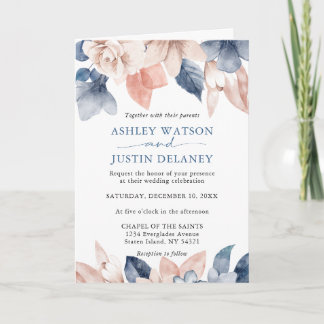 Faded denim & blush florals Wedding Invitation