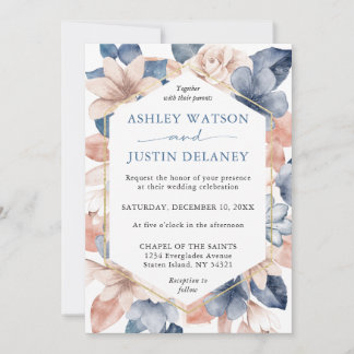 Faded denim & blush florals Wedding Invitation