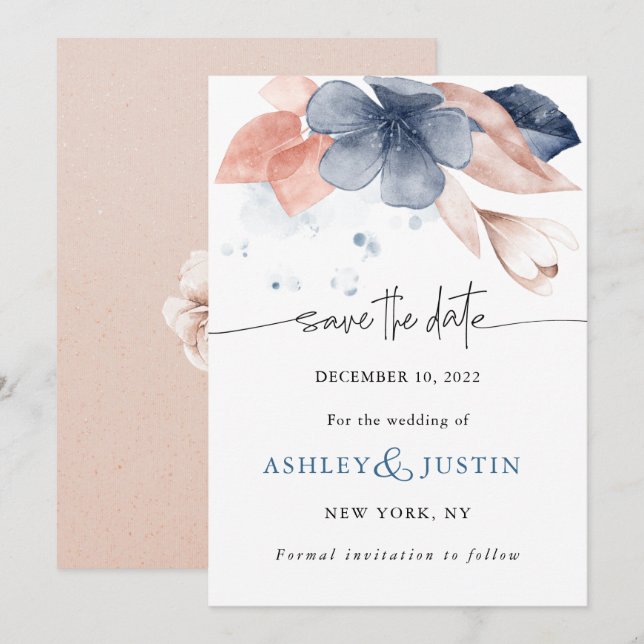 Faded denim & blush stylish wedding florals save t the date (Front/Back)