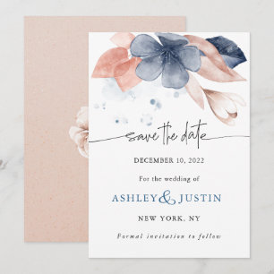 Faded denim & blush stylish wedding florals save t the date