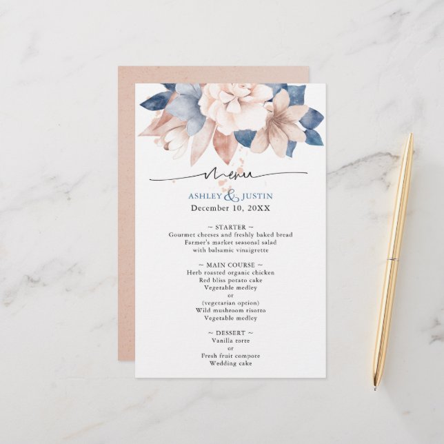 Faded denim & blush stylish Wedding Reception Menu (Front/Back In Situ)