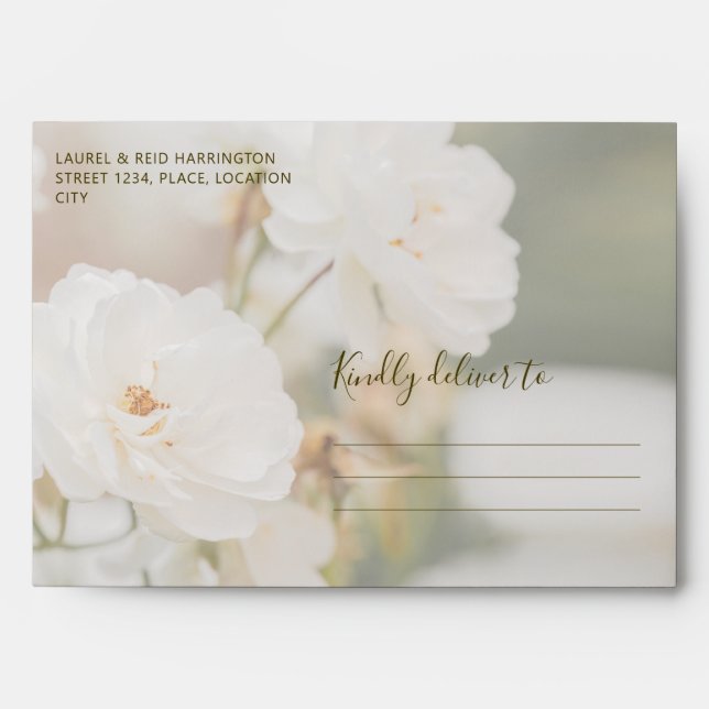 Faded Dreamy White Rose Photo Custom Wedding Envelope (Front)