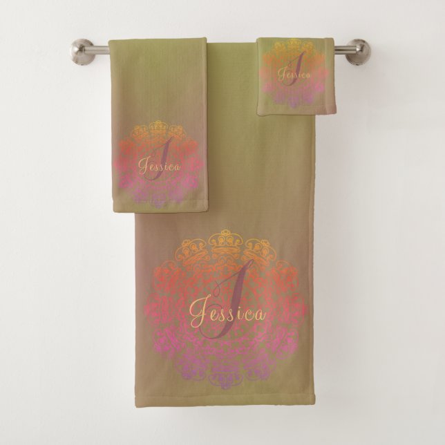 Faded Earth-toned Monogram Mandala  Bath Towel Set (Insitu)