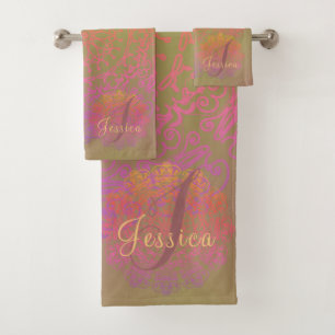 Faded Earth-toned Monogram Mandala  Bath Towel Set
