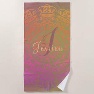 Faded Earth-toned Monogram Mandala  Beach Towel