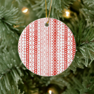 Faded Fair Isle Knit Watercolor Cabincore red Ceramic Tree Decoration