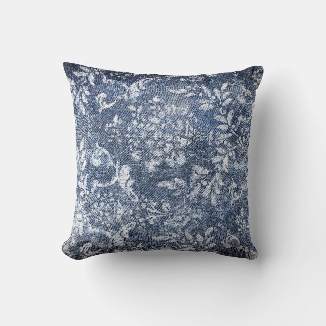 Faded Floral Denim: Grungy Textured Background Cushion (Front)