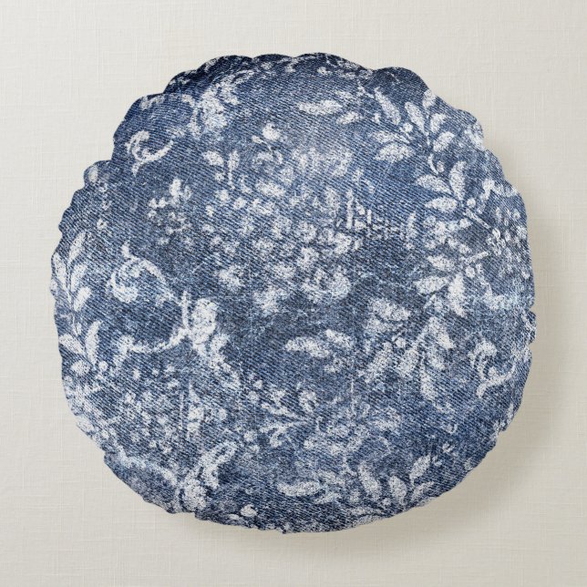 Faded Floral Denim: Grungy Textured Background Round Cushion (Front)