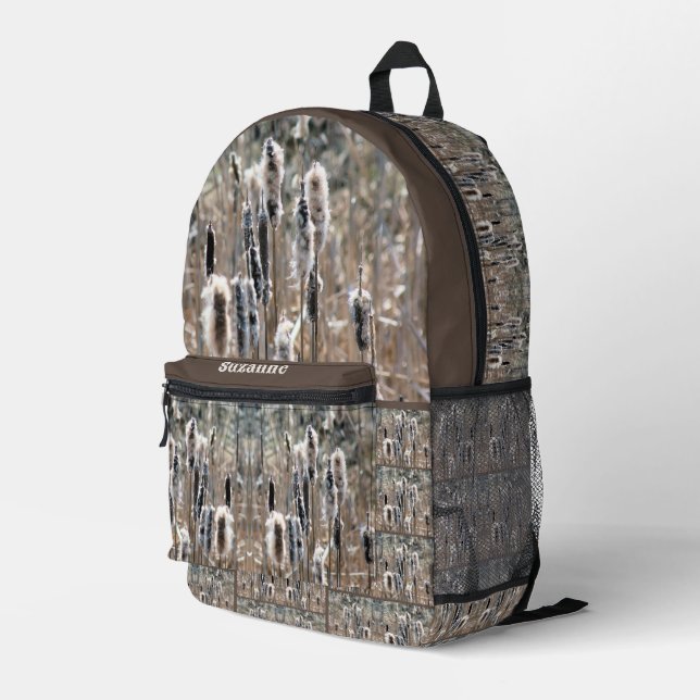 Faded Fluffy Cattails Nature Personalised Printed Backpack (Back Corner Right)