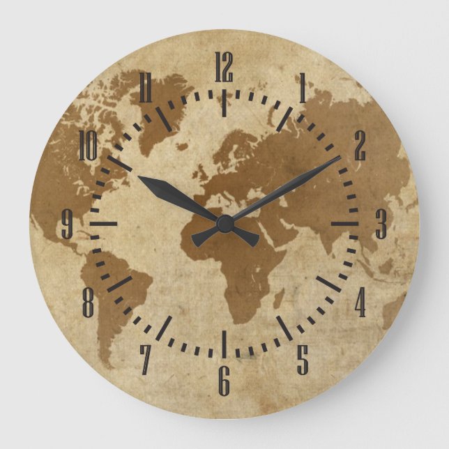 Faded Parchment World Map Large Clock (Front)