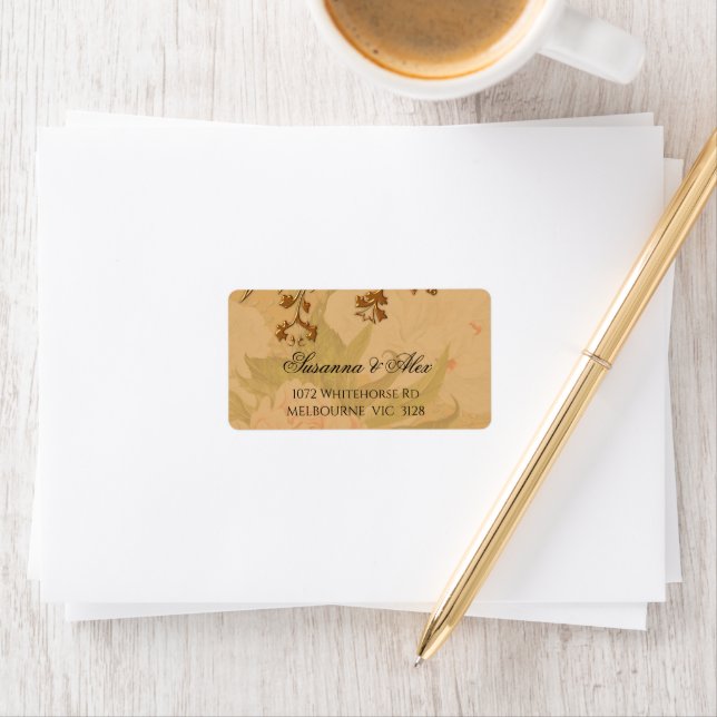Faded Peonies and Gold Leaves Wedding Label (Insitu)
