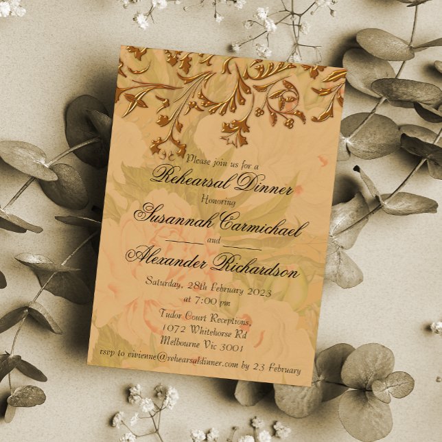 Faded Peonies and Gold Wedding Rehearsal Dinner Invitation (Creator Uploaded)