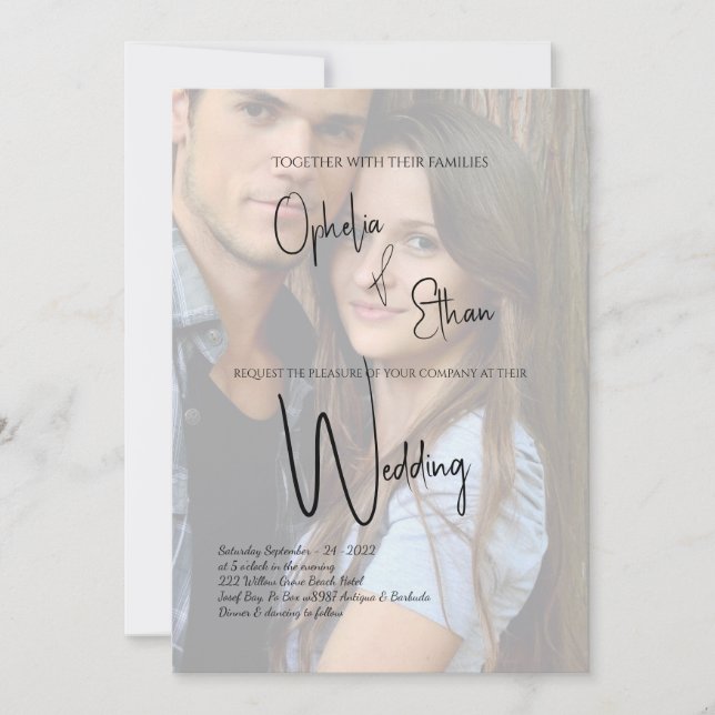 Faded Photo Minimalist Calligraphy wedding  Invitation (Front)