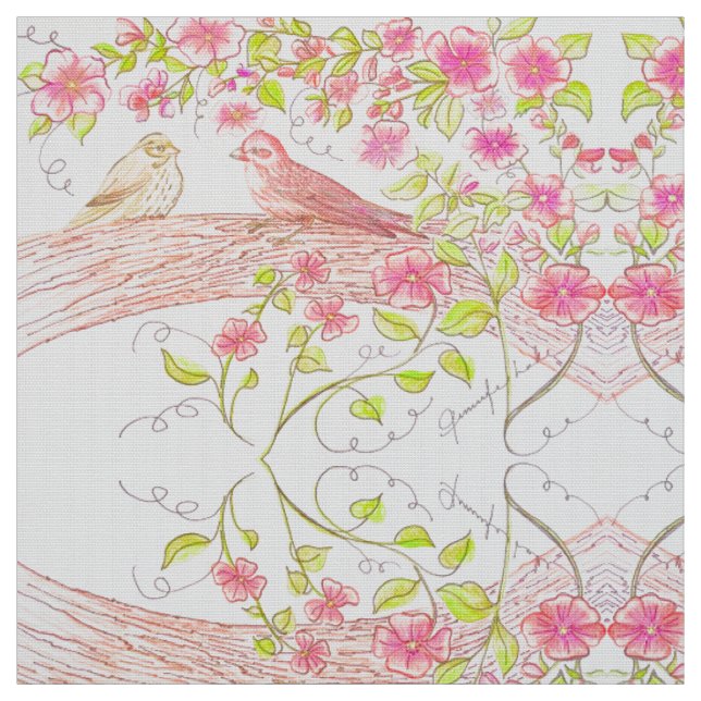 Faded Pink Finches Fabric (Swatch)