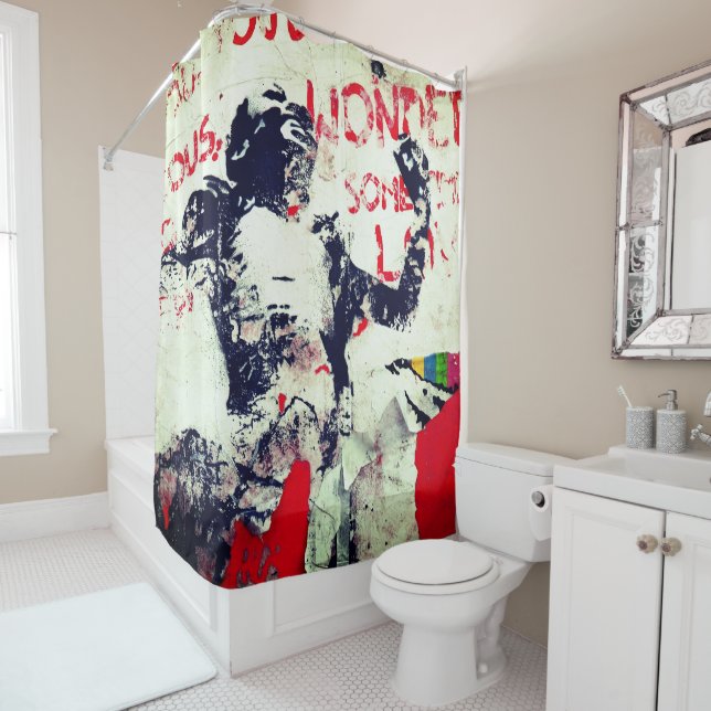 Faded Red and White Graffiti with African Stencil Shower Curtain (In Situ)