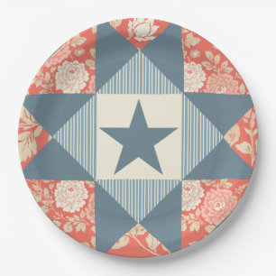 Faded Red Blue Star Quilt Block Floral Paper Plate