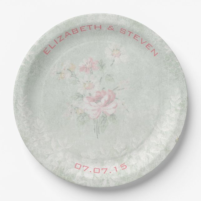 Faded Roses Shabby Vintage Design Wedding Paper Plate (Front)