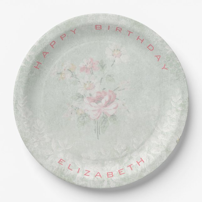 Faded Roses Shabby Vintage Happy Birthday Paper Plate (Front)
