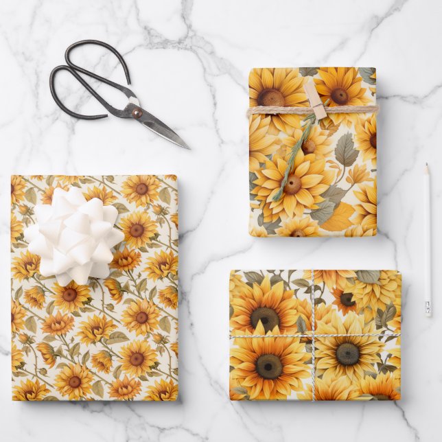 Faded Rustic Pressed Sunflowers Watercolor Design Wrapping Paper Sheet (Front)