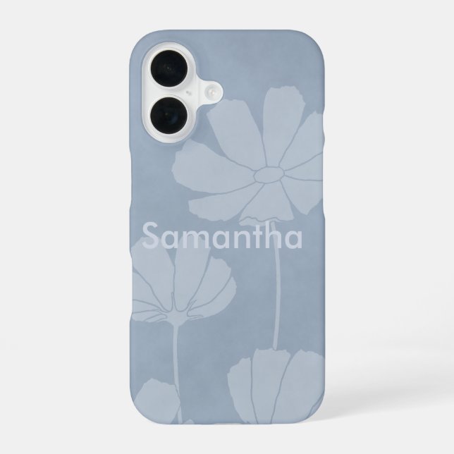 Faded Silhouette of Cosmos Flowers on Pale Blue iPhone 16 Case (Back)