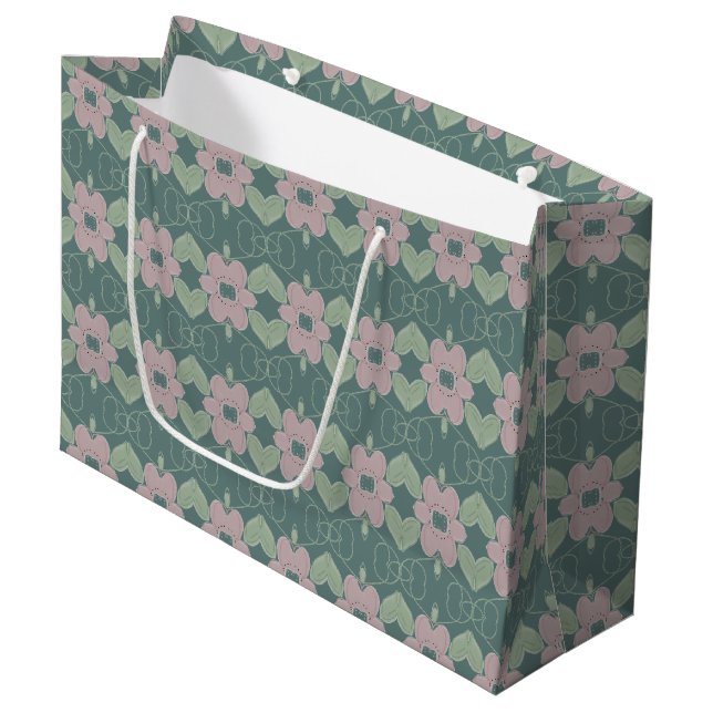 Faded Teal and Pink Rose Large Gift Bag (Front Angled)