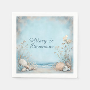 Faded Vintage Look Seashells Blue Beige White Napkin
