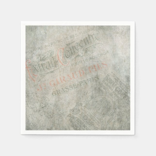 Faded Vintage Paper Parisian Advertisement Collage Napkin (Front)