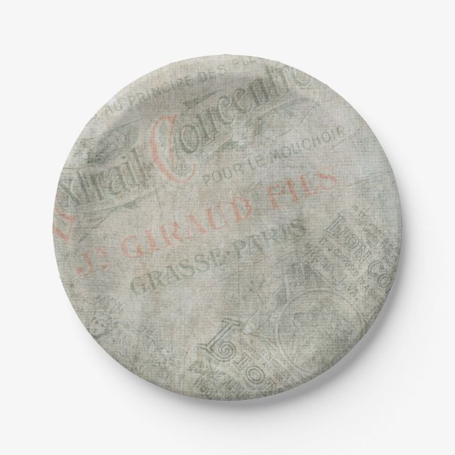 Faded Vintage Paper Parisian Advertisement Collage Paper Plate (Front)