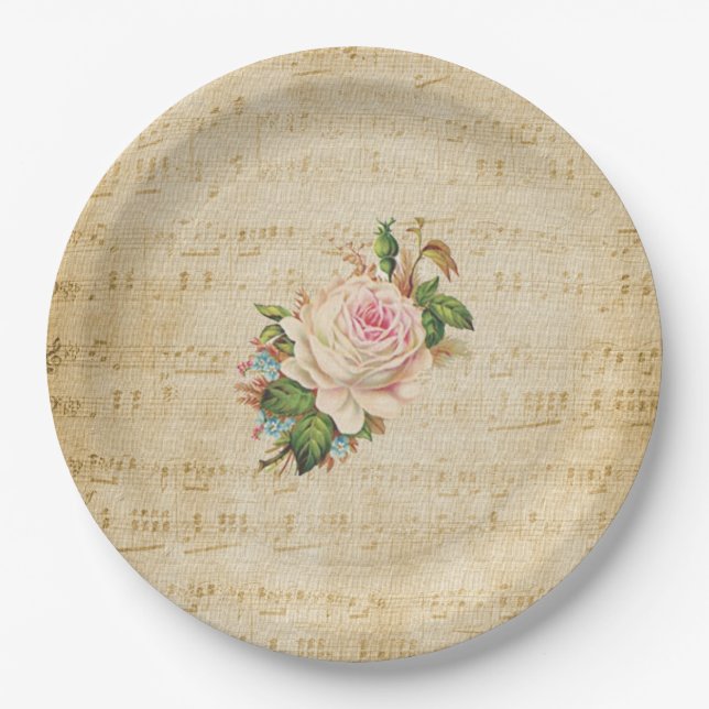 Faded Vintage Rose Musical Notes  Paper Plates (Front)