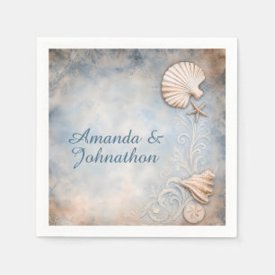 Faded Vintage Seashell Beach Border Blue Beige Napkin