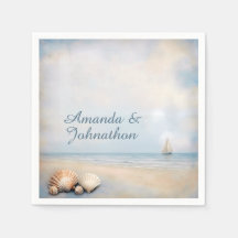 Faded Vintage Seashell Beach Scene Blue Beige