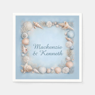 Faded Vintage Seashells Coral Border Blue Beige Napkin