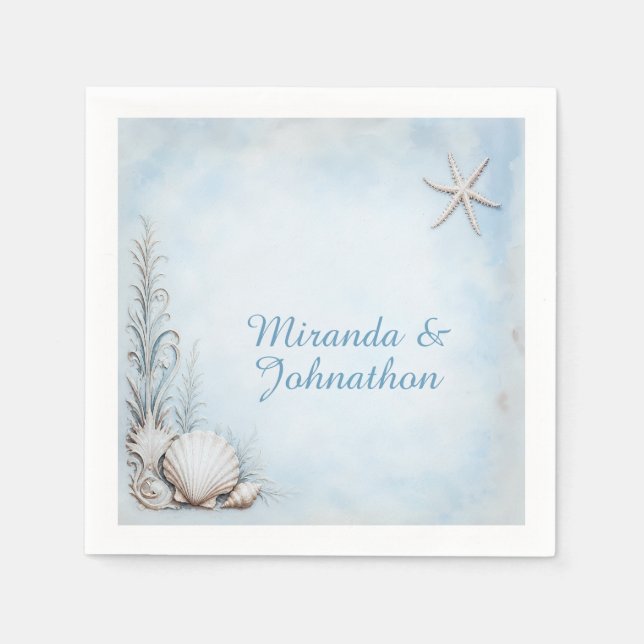 Faded Vintage Starfish Seashells Beach Theme Napkin (Front)