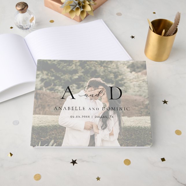 Fading Faded Photo Monogram Elegant Script Wedding Guest Book (Front Open)