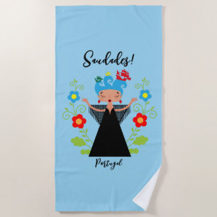 Fado woman singer with Portuguese caravel ships  Beach Towel