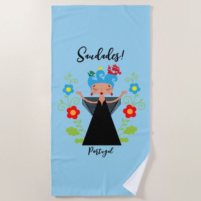 Fado woman singer with Portuguese caravel ships  Beach Towel (Front)