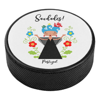 Fado woman singer with Portuguese caravel ships   Hockey Puck