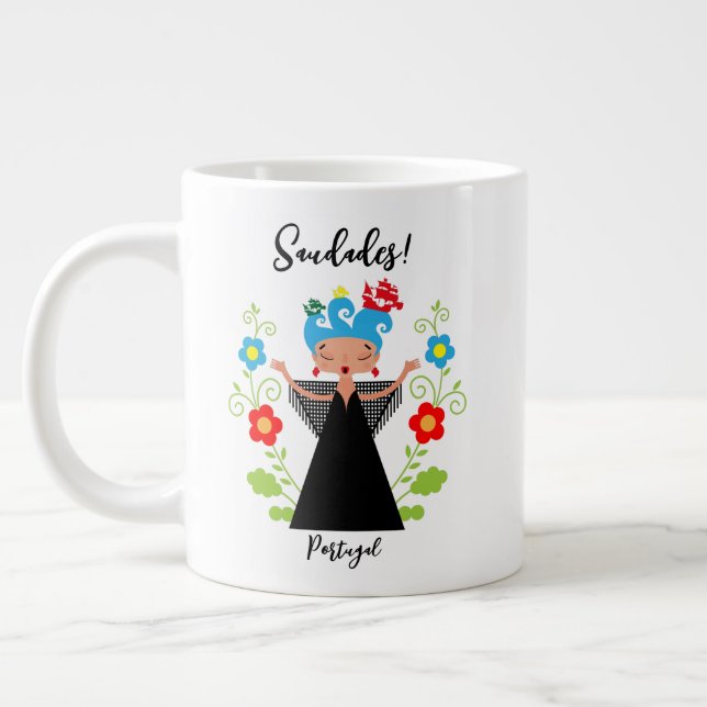 Fado woman singer with Portuguese caravel ships  Large Coffee Mug (Left)