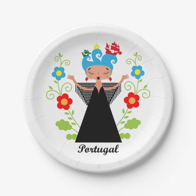 Fado woman singer with Portuguese caravel ships Paper Plate (Front)