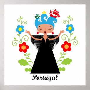 Fado woman singer with Portuguese caravel ships Poster