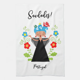 Fado woman singer with Portuguese caravel ships Tea Towel