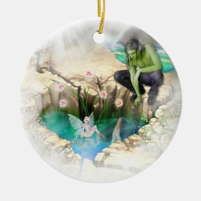 Faerie in Elven Pond Vignette Ceramic Tree Decoration (Front)