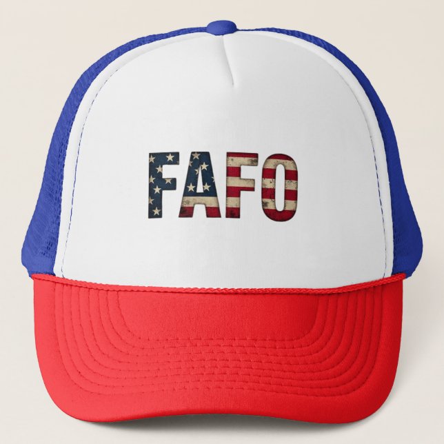 FAFO Distressed USA Flag Political Statement Trucker Hat (Front)
