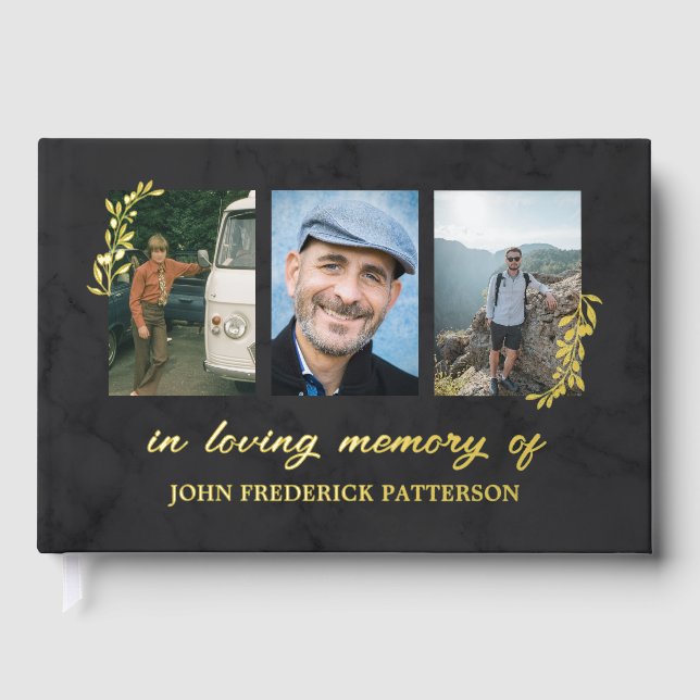 Faint Dark Marbling Gold Twigs 3 Photo Memorial Guest Book (Front)