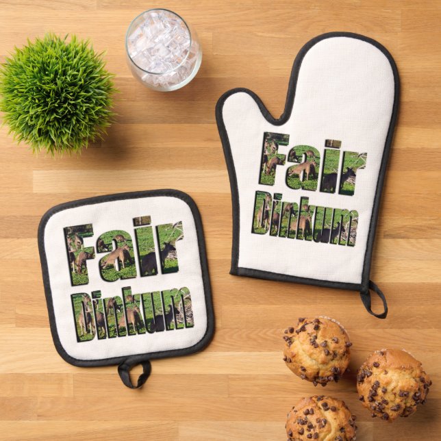 Fair Dinkum Aussie Slang Word With Kangaroos, Oven Mitt & Pot Holder Set (Top Down)