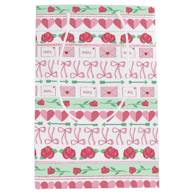 Fair Isle Inspired Pink and Green Valentine’s Day Medium Gift Bag (Front)